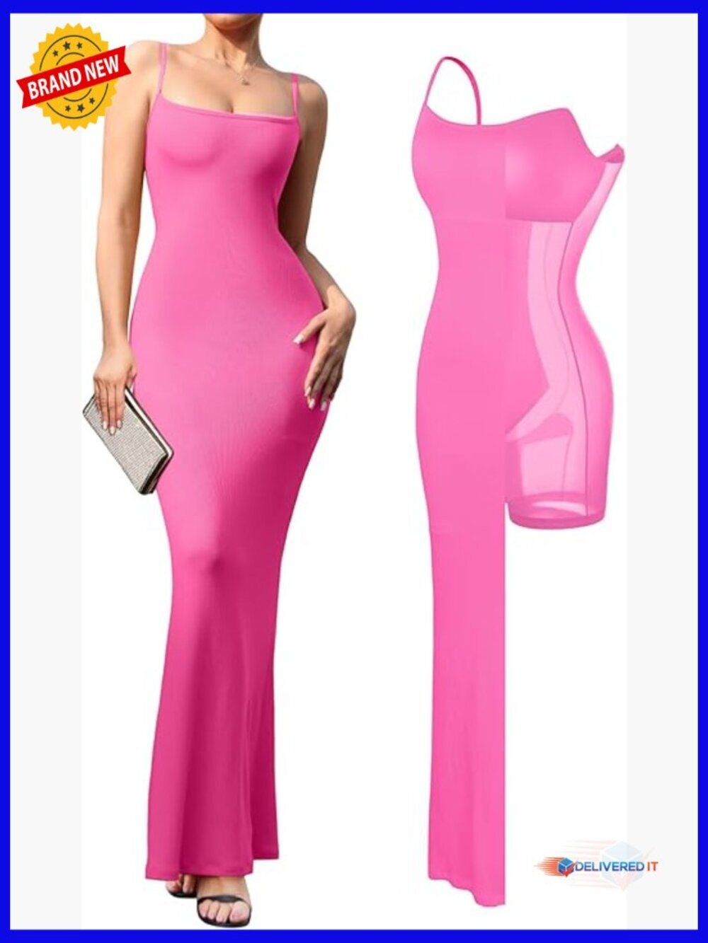 Maxi Bodycon Dress with Built-in Bra Shapewear Tummy Control Spaghetti Strap